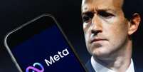 Montagem com foto de Zuckerberg e celular com logo da Meta na tela  Foto: Getty Images / BBC News Brasil