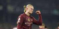 Erling Haaland (Manchester City) comemorando seu gol contra o Ipswich, no dia 19.01.2025 Foto: Associated Press / Alamy Stock Photo