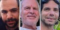 Os ref&eacute;ns libertados s&atilde;o Ofer Kalderon (53), Yarden Bibas (34) e Keith Siegel (65), todos civis.  Foto: BBC News Brasil