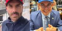 Deputado federal Eduardo Bolsonaro (PL-SP) e senador Ranfolfe Rodrigues (PT-AP) batem boca na internet sobre uso de bon&eacute; 'a la Trump'.  Foto: @bolsonarosp e @randolferodrigues via Instagram / Estad&atilde;o
