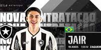  Foto: Divulga&ccedil;&atilde;o / Botafogo - Legenda: Jair, zagueiro da Sele&ccedil;&atilde;o Sub-20 e ex-Santos, &eacute; o novo refor&ccedil;o do Botafogo / Jogada10