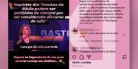 A edição do vídeo faz parecer que era da jornalista e não do deputado a alegação de que trechos da bíblia serão proibidos  Foto: Reprodução/Projeto Comprova