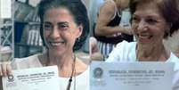 Eunice Paiva (à dir.) com certidão de óbito do marido, Rubens Paiva; advogada foi interpretada por Fernanda Torres (à esq.) em 'Ainda Estou Aqui'  Foto: Reprodução / BBC News Brasil