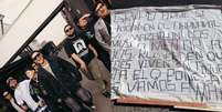 None  Foto: Grupo Firme e banner com ameaça (Fotos: Reprodução) / Rolling Stone Brasil