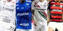 Fotos: Raul Baretta/Santos, Gustavo Aleixo/Cruzeiro, Lucas Merçon/Fluminense e Adriano Fontes/Flamengo - Legenda: Casas de apostas tem supremacia nas camisas dos clubes da Série A  Foto: Jogada10