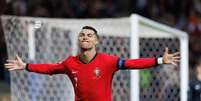 Cristiano Ronaldo (Portugal) celebrando seu gol contra a Polônia, no dia 15.11.2024 Foto: Sipa US / Alamy Stock Photo