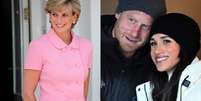 A princesa Diana (esq.) e o casal Harry e Meghan Markle (dir.)  Foto: Getty Imagens / Manequim