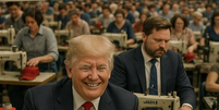 Imagem gerada por inteligência artificial mostra Trump e J.D. Vance trabalhando em uma fábrica  Foto: Reprodução/X