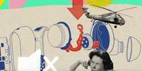 Ilustra&ccedil;&atilde;o de mulher tampando os ouvidos com montagem colorida com helic&oacute;ptero e partes de objetos  Foto: BBC News Brasil