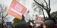 Manifestantes se reúnem em Cambridge Common em um protesto organizado pela cidade de Cambridge, pedindo à liderança de Harvard que resista à interferência do governo federal na universidade, em Cambridge, Massachusetts, EUA, em 12 de abril de 2025.  Foto: REUTERS - Nicholas Pfosi / RFI