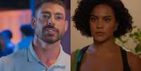 Cauã Reymond (César) e Bella Campos (Maria de Fátima) protagonizam um atrito que empolga as redes sociais  Foto: Reproduções
