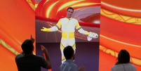 Tadeu Schmidt se vestiu de dummie e brincou com brothers  Foto: Reprodução/TV Globo