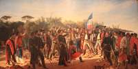 Óleo sobre tela "El Juramento de los treinta y tres Orientales" (1877), de Juan Manuel Blanes, celebra os fundadores do Uruguai  Foto: Governo do Uruguai, reprodução / BBC News Brasil