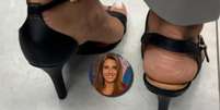 Joana Treptow não percebeu que estava com sandálias de modelos diferentes, inclusive com saltos de tamanhos distintos  Foto: Reprodução