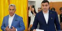 Simion deposita seu voto na urna, acompanhado por Georgescu, que foi barrado do pleito Foto: DW / Deutsche Welle