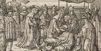 Ilustração presente na primeira página da biografia da papisa Joana mostra momento em que supostamente ela teria dado à luz, tal como aparece na obra de Boccaccio (De mulieribus claris, 1362).  Foto: © (GALLICA / BNF) / RFI