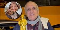 Bemvindo Sequeira na Europa, brincando com uma réplica do Oscar; no destaque, seu personagem mais popular na TV, o zombeteiro Bafo de Bode  Foto: Reproduções
