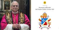 Fotografia oficial do Papa Le&atilde;o XIV, acompanhada do bras&atilde;o  Foto: Divulga&ccedil;&atilde;o/Vatican News