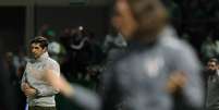 Abel Ferreira ao fundo de imagem dividida com treinador do São Paulo Foto: Cesar Greco/Palmeiras / Divulgação