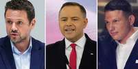 Os três principais candidatos poloneses: o prefeito progressista de Varsóvia, Rafal Trzaskowski (à esquerda), o candidato do partido nacionalista polonês, Karol Nawrocki (centro), e o candidato da extrema-direita, Slawomir Mentzen.  Foto: © Fotomontagem AP / RFI