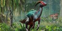 O Parasaurolophus tubicen e sua crista, em representação artística  Foto: Alamy / BBC News Brasil