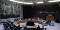 Reunião do Conselho de Segurança da ONU enquanto os membros votam em uma proposta de resolução que pede um cessar-fogo imediato e permanente em Gaza  Foto: AFP - LEONARDO MUNOZ / RFI