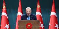 O presidente turco Recep Tayyip Erdogan durante uma coletiva em Ancara  Foto: © via REUTERS - Murat Kula/Presidential Press of Turkey / RFI