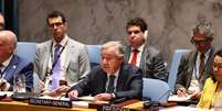 António Guterres, Secretário-Geral da ONU, discursa durante uma reunião do Conselho de Segurança da ONU sobre ameaças à paz e à segurança internacionais, na sede das Nações Unidas, em 20 de junho de 2025, em Washington, D.C. O Conselho de Segurança está realizando uma sessão de emergência para abordar a escalada do conflito entre Israel e o Irã. A reunião foi solicitada pelo Irã e apoiada pela Argélia, China, Paquistão e Rússia. O Secretário-Geral da ONU, António Guterres, deve informar o conselho. As Nações Unidas pediram uma redução imediata da tensão e um cessar-fogo.  Foto: Michael M. Santiago/Getty Images