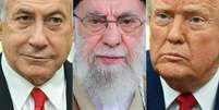 Fotomontagem do primeiro-ministro israelense Benjamin Netanyahu (à esquerda), o líder supremo do Irã, aiatolá Ali Khamenei e o presidente dos EUA, Donald Trump.  Foto: AFP - SAUL LOEB,- / RFI