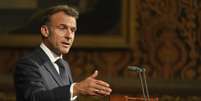 O presidente francês, Emmanuel Macron, durante discurso em Londres (8 de julho de 2025).  Foto: AP - Alastair Grant / RFI
