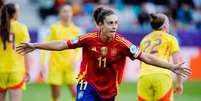 Alexia Putellas (Espanha) celebrando seu gol contra a Bélgica, no dia 07.07.2025 Foto: PA Images / Alamy Stock Photo