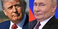 Esta montagem mostra, da esquerda para a direita, o presidente dos Estados Unidos, Donald Trump, em Morristown, Nova Jersey, em 23 de maio de 2025, e o presidente da R&uacute;ssia, Vladimir Putin, no Kremlin, em Moscou, em 28 de maio de 2025.  Foto: AFP - SAUL LOEB,PAVEL BEDNYAKOV / RFI