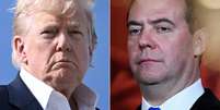 Fotomontagem do presidente americano, Donald Trump (à esquerda), ao lado do vice-presidente do Conselho de Segurança da Rússia, Dmitri Medvedev. Imagens de arquivo.  Foto: AFP - BRENDAN SMIALOWSKI,KIRILL KUDRYAVTSEV / RFI