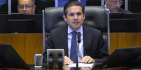 Presidente da Casa, Hugo Motta (Republicanos-PB), durante sessão desta quinta-feira, 7  Foto: Reprodução/TV Câmara