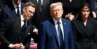O presidente finlandês Alexander Stubb e o presidente norte-americano Donald Trump no funeral do papa Francisco, no Vaticano, em 26 de abril de 2025.  Foto: AFP - ISABELLA BONOTTO / RFI
