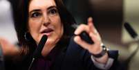 Ministra do Planejamento e Orçamento, Simone Tebet durante audiência pública da Comissão de Assuntos Econômicos (CAE) do Senado realizada nesta terça-feira, 19  Foto: Wilton Junior/Estadão / Estadão