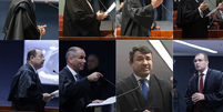 Na foto, da esquerda para direita: Jair Alves Pereira, advogado ne Mauro Cid; Matheus Milanez, advogado de Augusto Heleno; Paulo Renato Garcia Cintra, advogado de Alexandre Ramagem; Demóstenes Torres, advogado de Almir Garnier; Celso Sanchez Vilardi, advogado de Bolsonaro; José Luis de Oliveira Lima, advogado de Braga Netto; Eumar Roberto Novacki, advogado de Anderson Torres; e Andrew Fernandes Farias, advogado de Paulo Sérgio Nogueira.  Foto: Gustavo Moreno-STF/ Rosinei Coutinho-STF/Reprodução-TV Justiça