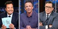 Jimmy Fallon, Seth Meyers e Stephen Colbert apoiaram Jimmy Kimmel nos seus programas noturnos de TV, na quinta-feira (18/9)  Foto: CBS/NBC via Getty Images / BBC News Brasil