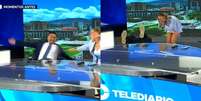 Yari Martínez perdeu o equilíbrio e acabou de pernas para o ar ao vivo em telejornal  Foto: Reprodução