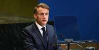 Emmanuel Macron durante discurso nas Nações Unidas em 22 de setembro de 2025.  Foto: © Angela Weiss / AFP / RFI