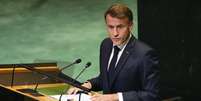 O presidente francês, Emmanuel Macron, durante discurso na Conferência de Alto Nível sobre a Palestina na ONU, na segunda-feira (23).  Foto: © Yuki Iwamura / AP / RFI