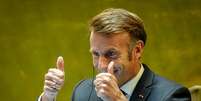 Emmanuel Macron em Nova York, durante conferência da ONU focada na questão da Palestina  Foto: picture alliance / GettyImages