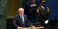 O presidente do Brasil, Luiz Inácio Lula da Silva, discursa durante o Debate Geral da Assembleia Geral das Nações Unidas na sede da ONU em Nova York, em 23 de setembro de 2025  Foto: ANGELA WEISS/Getty Images