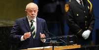 O presidente do Brasil, Luiz Inácio Lula da Silva, discursa durante o Debate Geral da Assembleia Geral das Nações Unidas na sede da ONU em Nova York, em 23 de setembro de 2025.  Foto: ANGELA WEISS/Getty Images