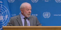 Presidente Luiz Inácio Lula da Silva (PT) em entrevista coletiva na sede da ONU, nos Estados Unidos, nesta quarta-feira, 24  Foto: Reprodução/CanalGov