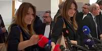 Sorridente, Carla Bruni pegou e jogou no chão a espuma do microfone da Mediapart  Foto: Reprodução/YouTube/@LeHuffPost