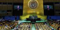 Com plenário esvaziado, o premiê israelense, Benjamin Netanyahu, faz discurso na Assembleia Geral da ONU, em Nova York, em 26 de setembro de 2025.  Foto: REUTERS - Jeenah Moon / RFI