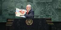 Netanyahu mostra 'mapa do terror' durante discurso na ONU  Foto:  Michael M. Santiago/Getty Images