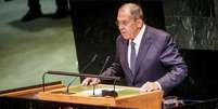 Sergei Lavrov, chanceler russo, durante discurso na ONU  Foto: Kay Nietfeld / Getty Images