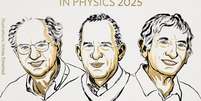 O Prêmio Nobel de Física de 2025 foi concedido a Michel H. Devoret, da França (centro), John M. Martinis (à direita), dos Estados Unidos, e John Clarke (à esquerda), da Grã-Bretanha, em 7 de outubro de 2025.  Foto: © Prix Nobel / RFI